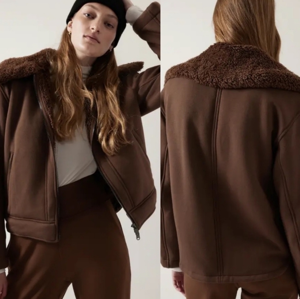 Athleta Westbound Jacket Size Large Sherpa Lined Bomber Coat Brown Heavy - Picture 2 of 16
